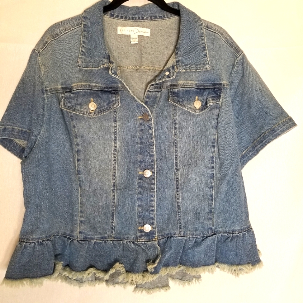 Est 1946 Denim Womans Size 18/20W Shirt Blouse Blue Denim Distressed Ruffle